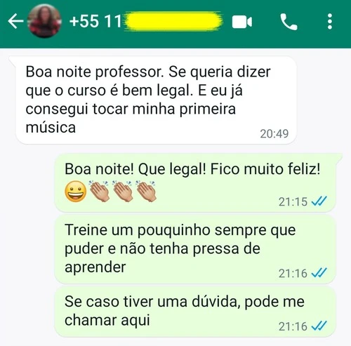 Depoimento 2 de whatsapp sobre o curso de ukulele online Tocando do Zero
